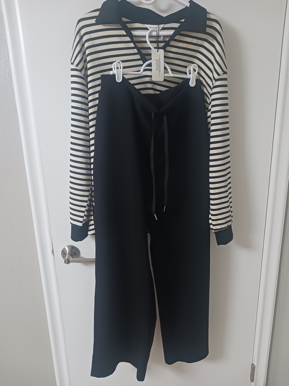 Striped Collar Top with Black Wide-Leg Drawstring Pants - Unbranded